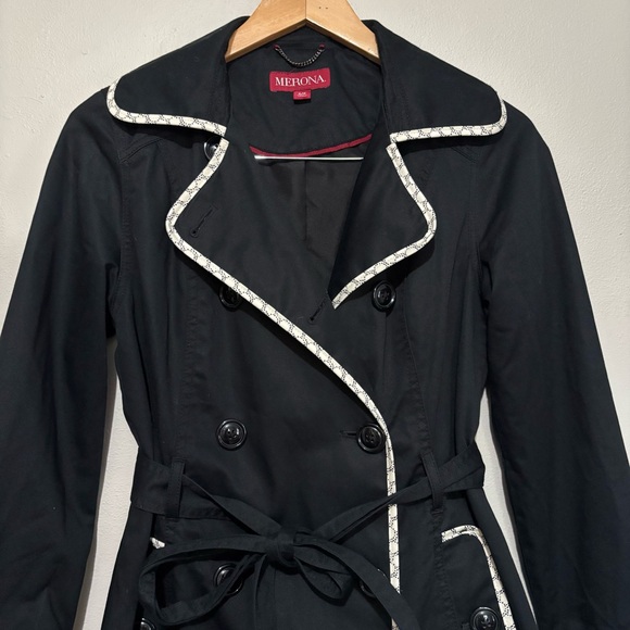 Merona Black Trench Coat White Trim Notched Lapels Waist Tie Size Small - Picture 4 of 11